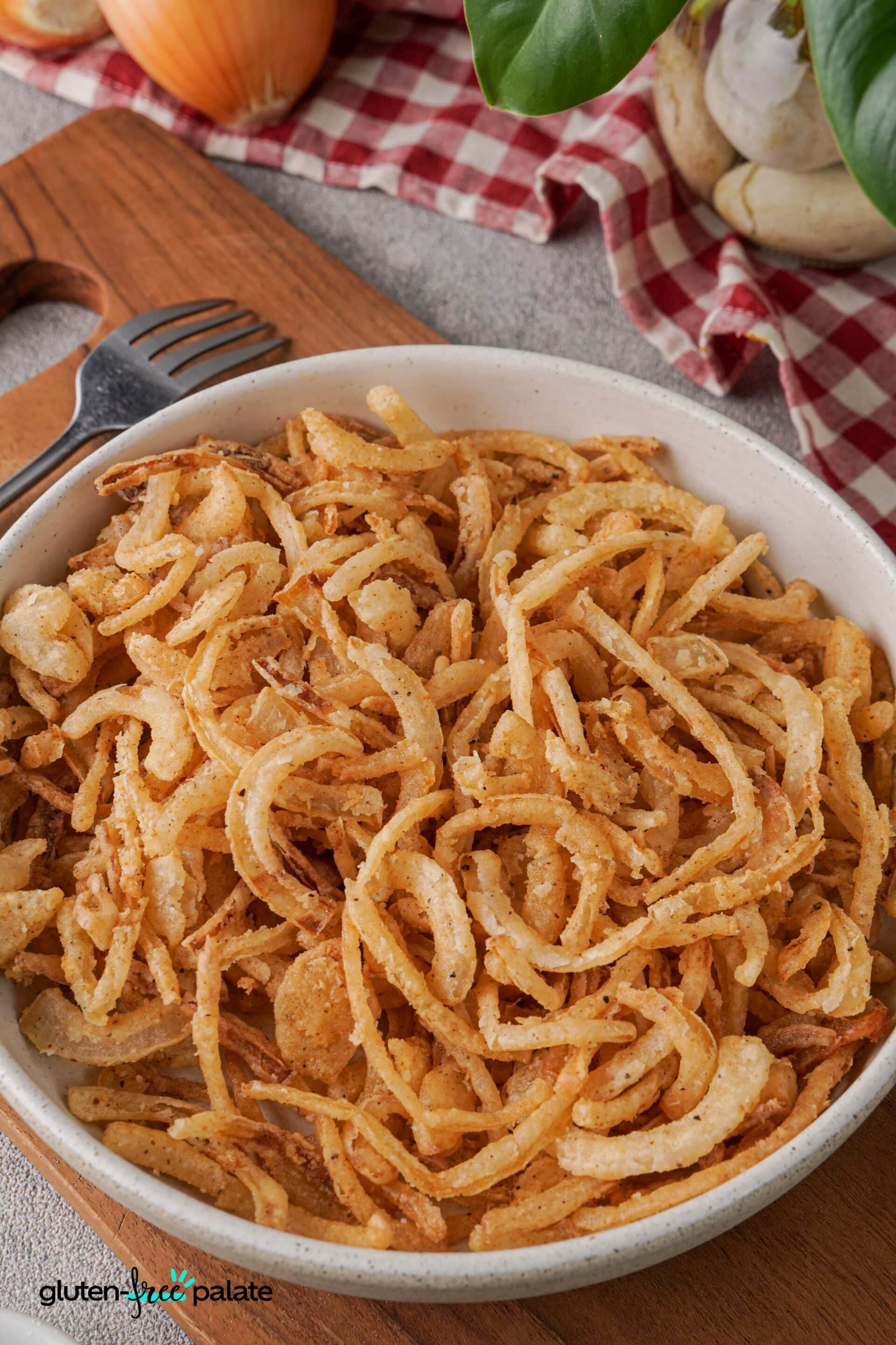 Gluten-free fried onions in a bowl.