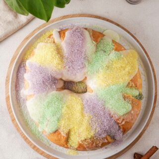 Gluten-Free King Cake top view with colored sugar.