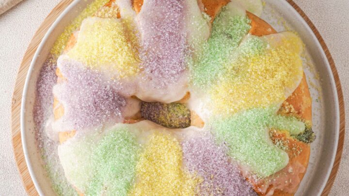 Gluten-Free King Cake top view with colored sugar.