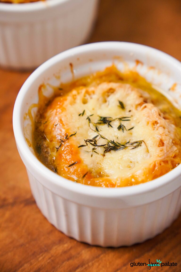 Gluten-Free French onion soup in a white ramekin.