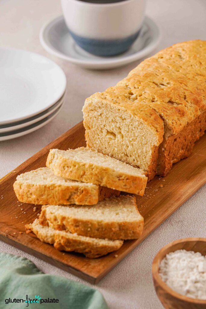 Slices of Gluten-Free Brioche on a bread board.
