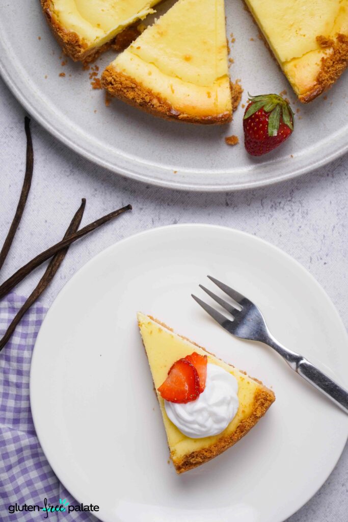 Gluten-Free Cheesecake on a white plate.