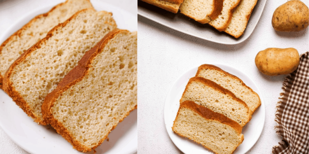 Three slices of gluten-free potato bread shown close up and from above.