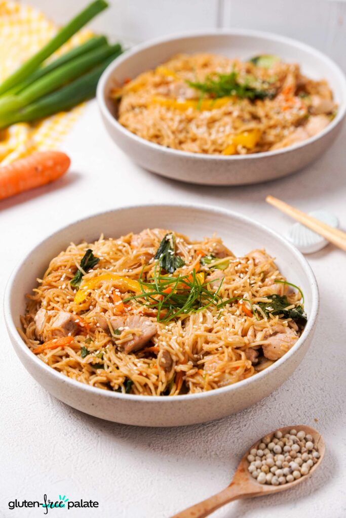 Two Gluten-Free Lo Mein meals in a white bowl.