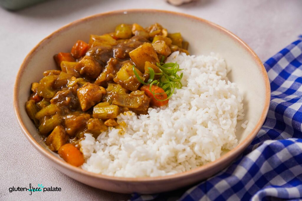 Close up view of Gluten-Free Japanese Curry in a bowl with rice.