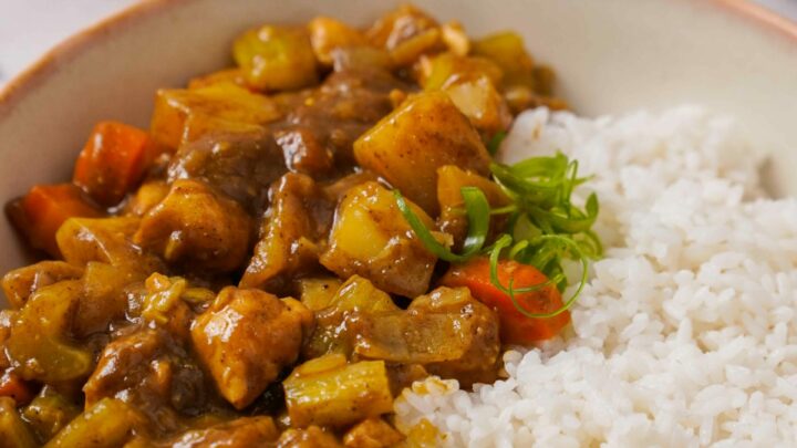 Close up view of Gluten-Free Japanese Curry in a bowl with rice.