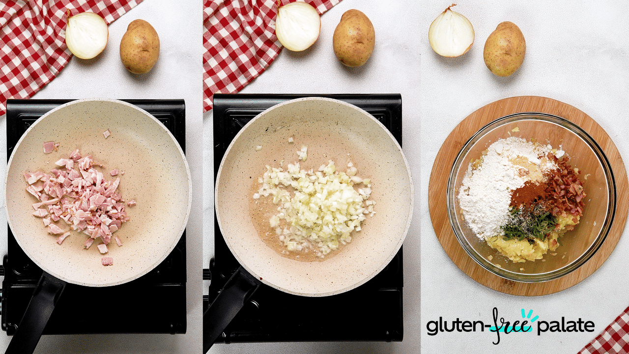 The first three steps in the fried mashed potato recipe.
