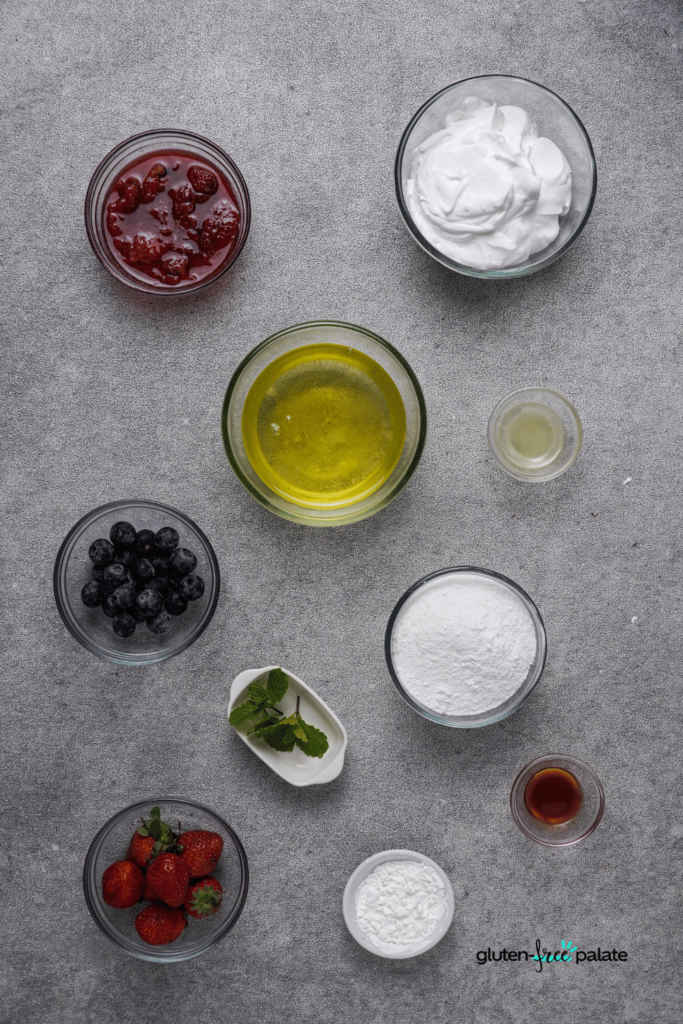 The ingredients used in a pavlova dessert include egg whites, sugar, and vanilla.