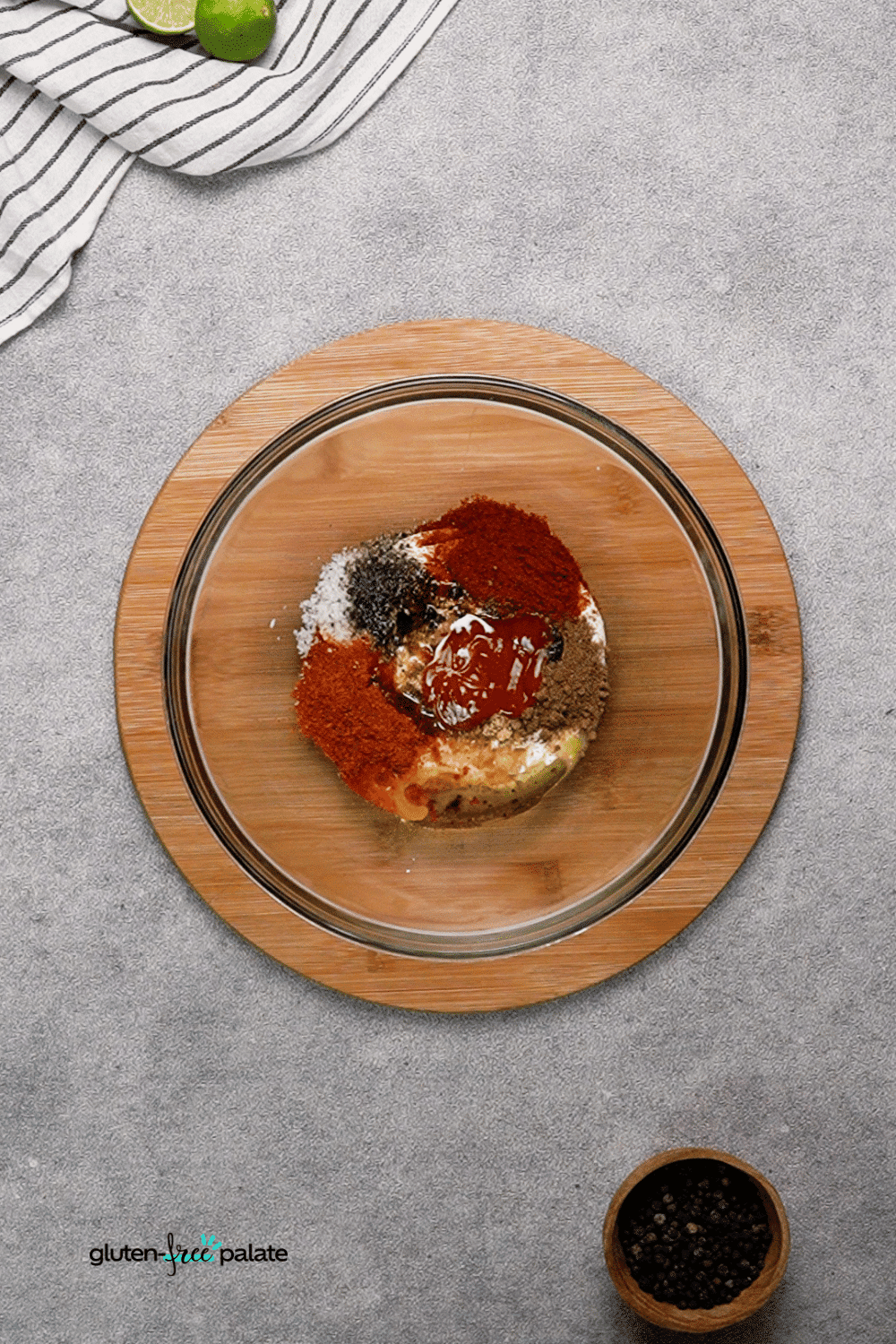 The first step for my gluten-free tandoori chicken: add the marinade ingredients to your mixing bowl.