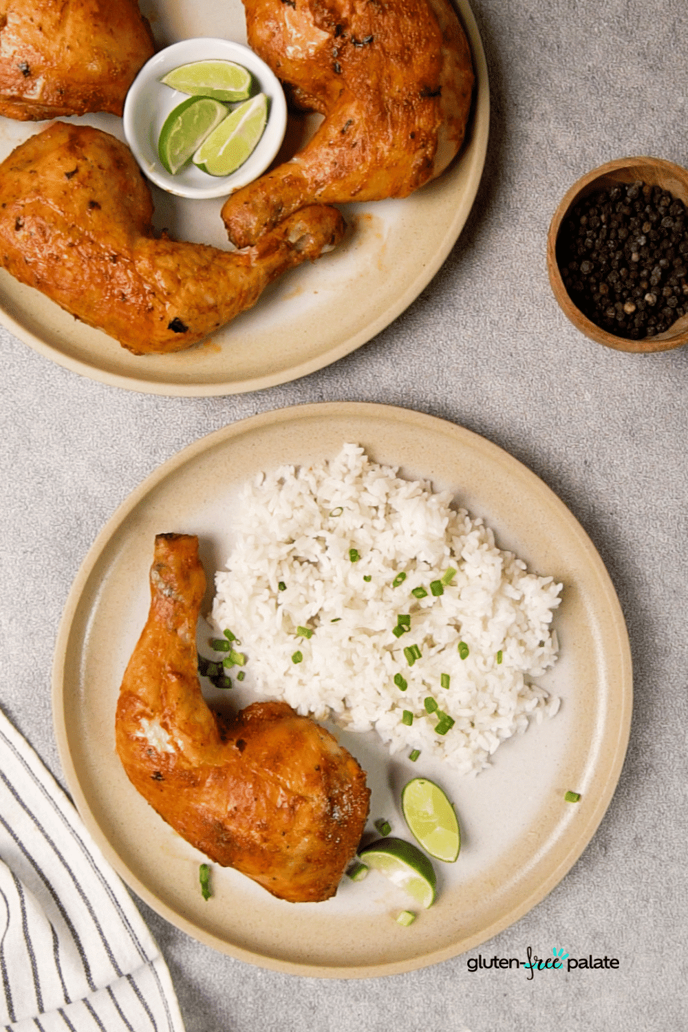 Garnish the baked tandoori chicken with chives and serve with rice or naan bread.