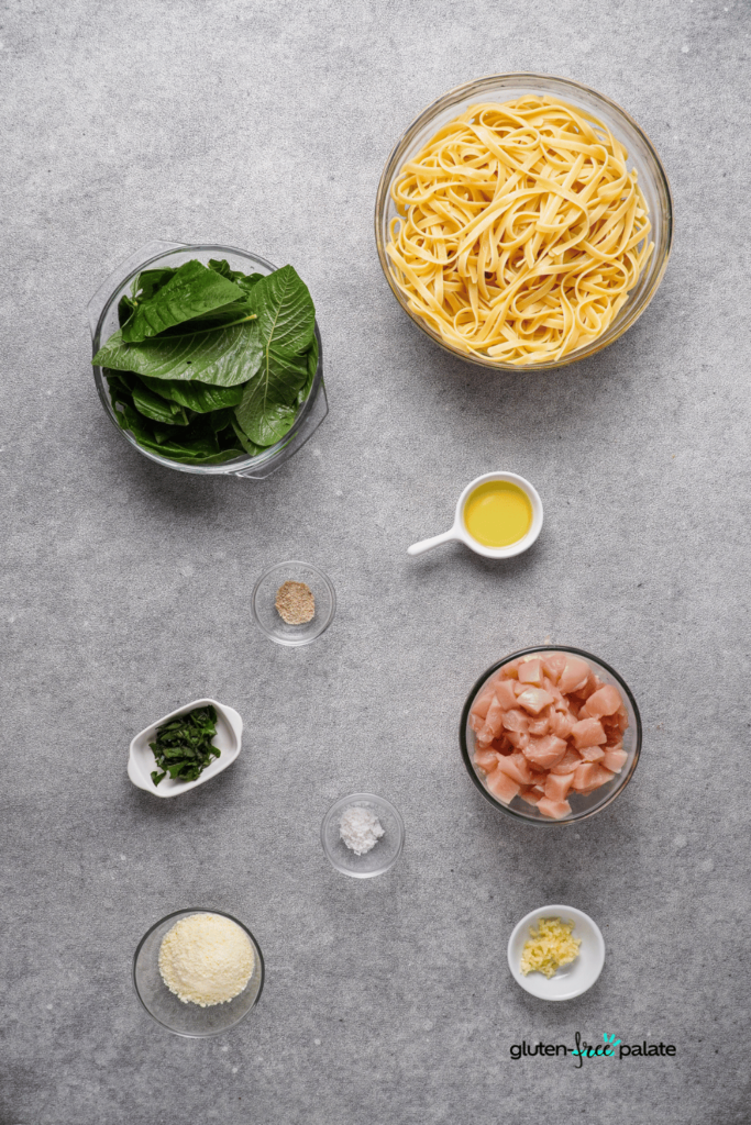 The ingredients for chicken spinach pasta are simple and gluten free.