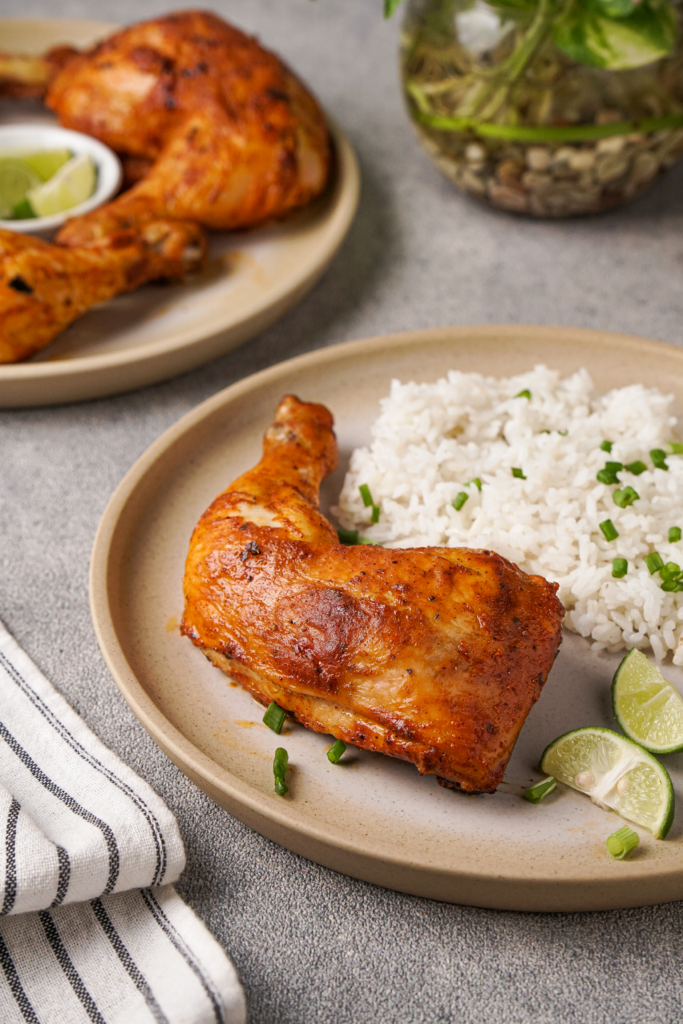 Here's a plate of tandoori chicken with rice. The recipe uses only gluten-free ingredients.