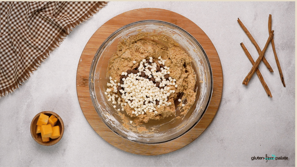 Add chocolate chips (including gluten free white chocolate chips).