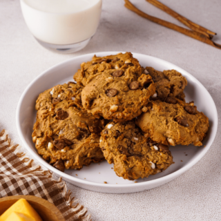 Enjoy gluten free pumpkin chocolate chip cookies with milk.