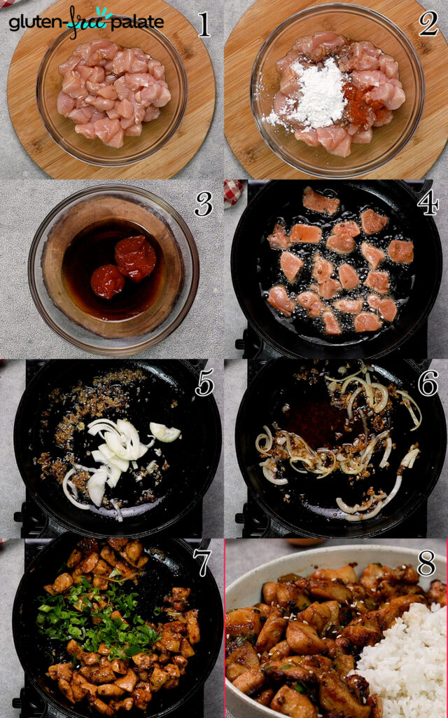 A photo collage of each step in the gluten free Mala chicken recipe.