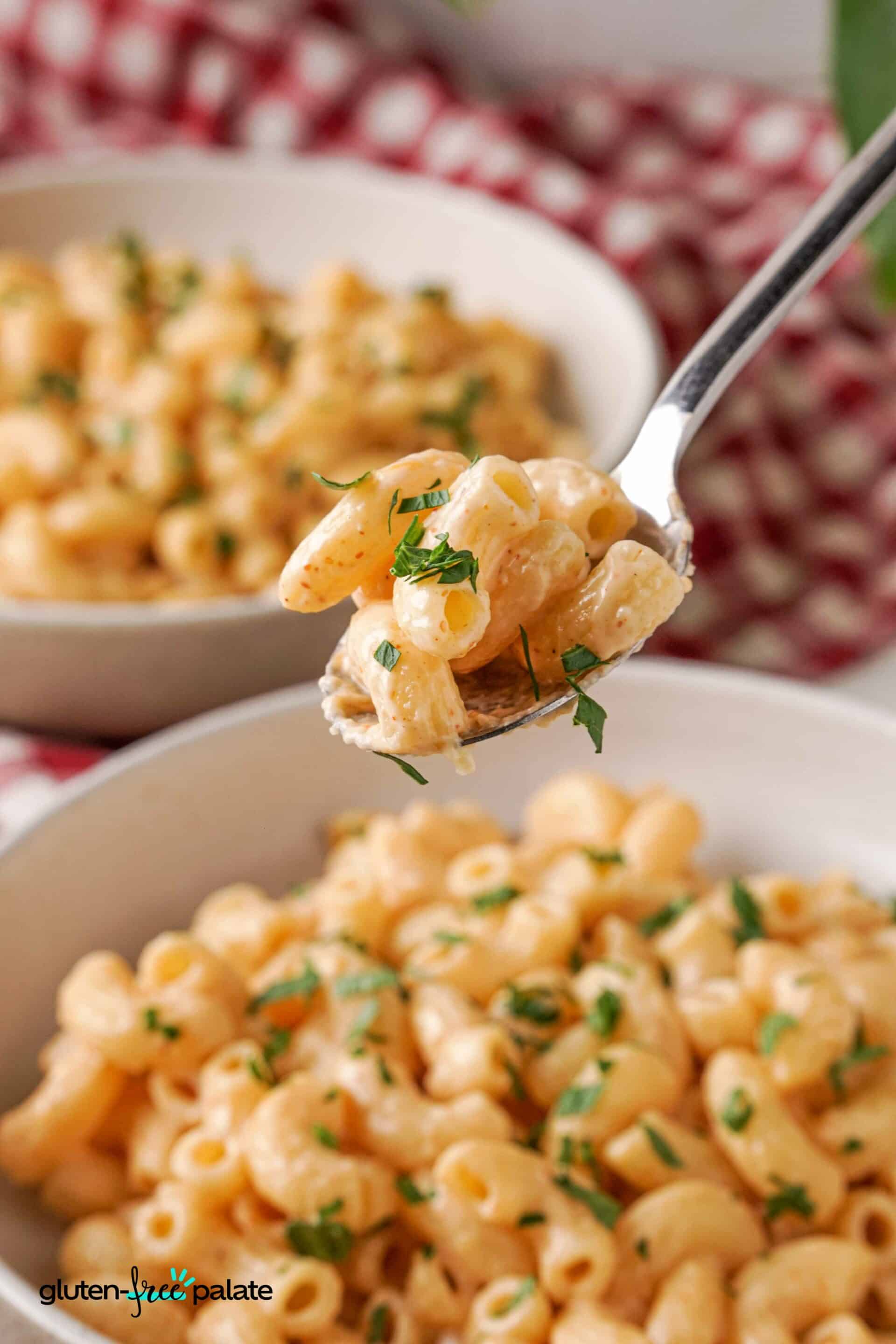 Gluten Free Mac and Cheese served in a white bowl with a spoon full.