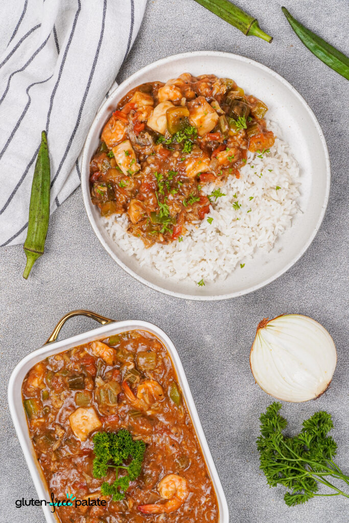 Seafood gumbo casserole and a plate of gumbo.