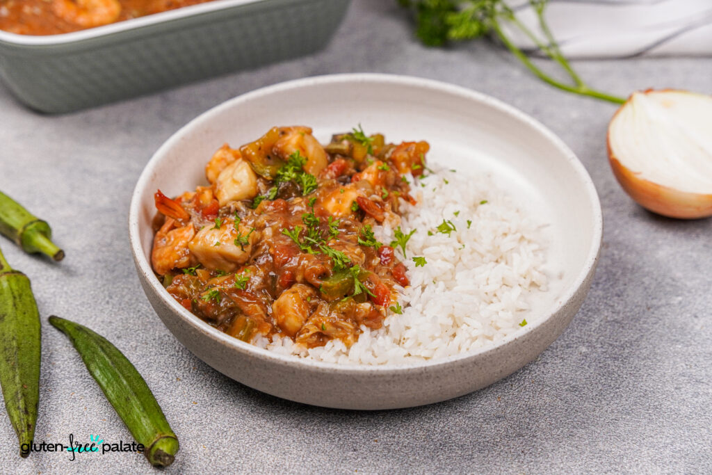 A plate of savory gluten-free seafood gumbo, Creole style.