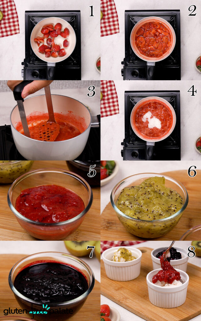 Step by stem images of how to make gluten-free fruit compote.