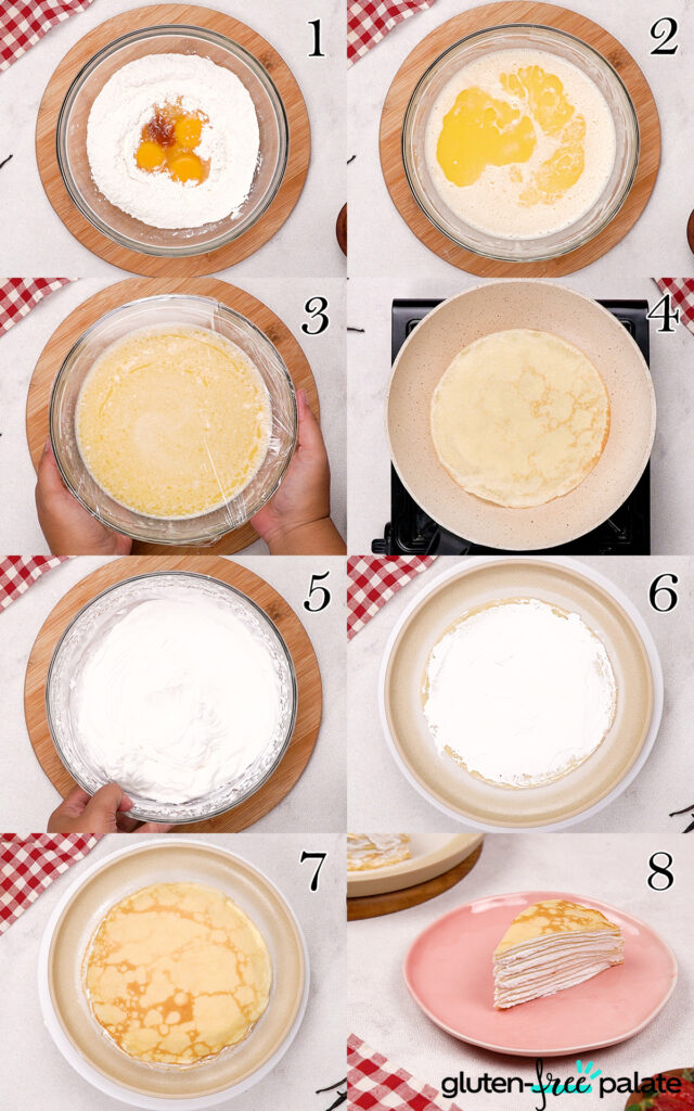 Collage showing how to make the mille crepe cake. Photo by Gluten-Free Palate.