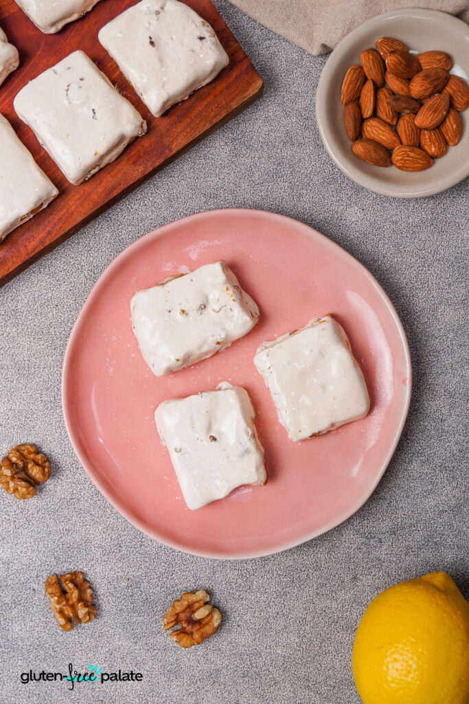 3 slices of gluten-free nougat on a plate.
