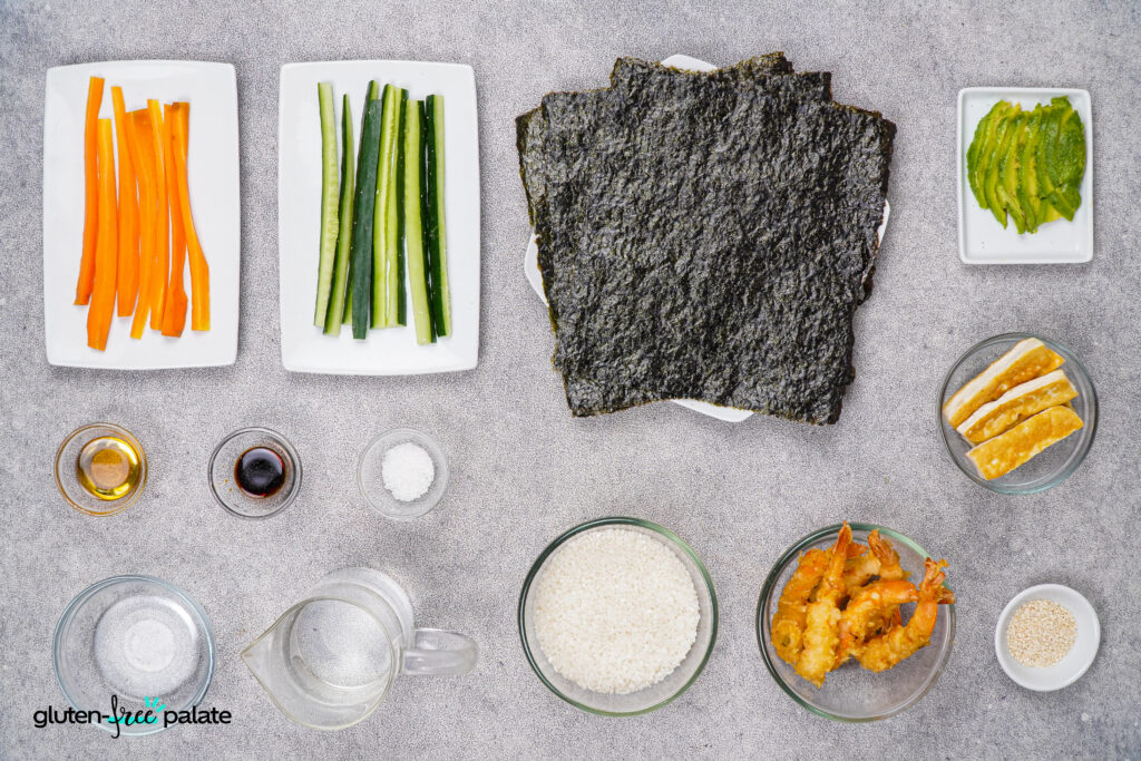 The ingredients for gluten-free sushi rolls.