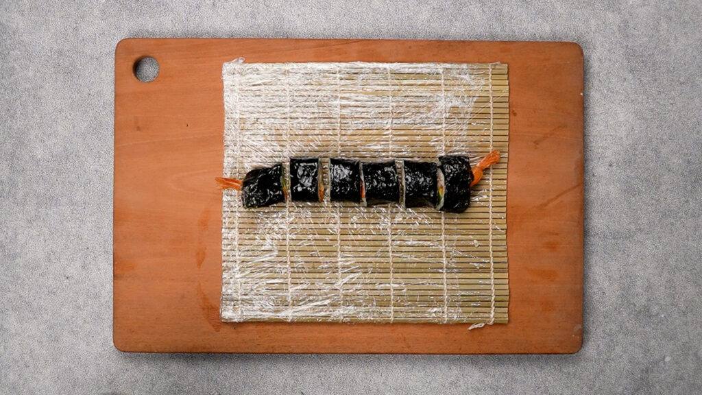 Sliced gluten-free sushi rolls.