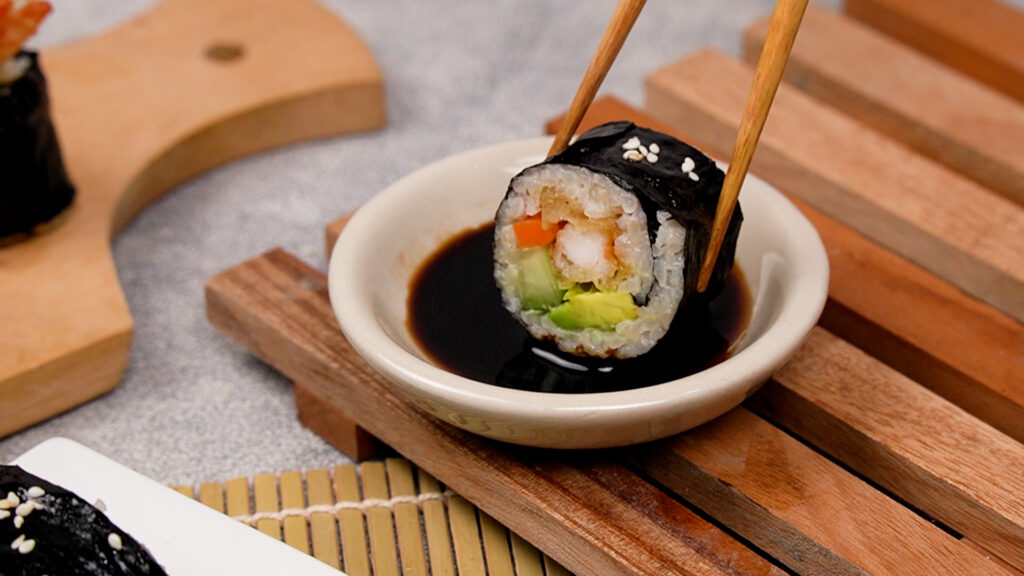 Gluten free Sushi rolled dipped in tamari.