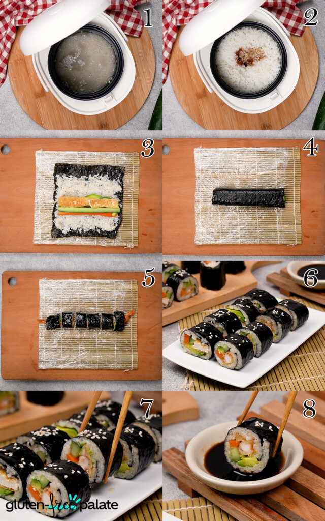 A step by step photo collage on how to make gluten-free sushi.