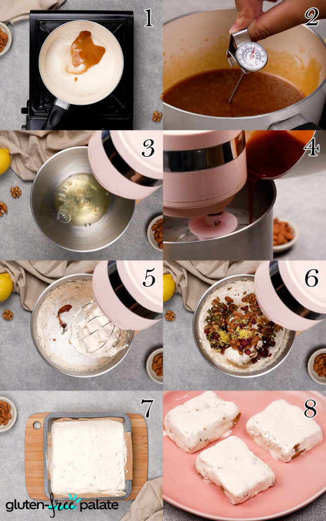 A step by step photo collage on how to make gluten-free nougat recipe.