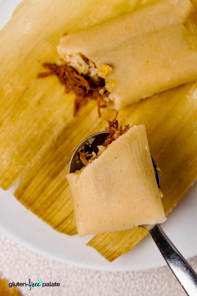 A close-up of a spoon holding a bite of fluffy gluten-free tamale filled with seasoned shredded meat.
