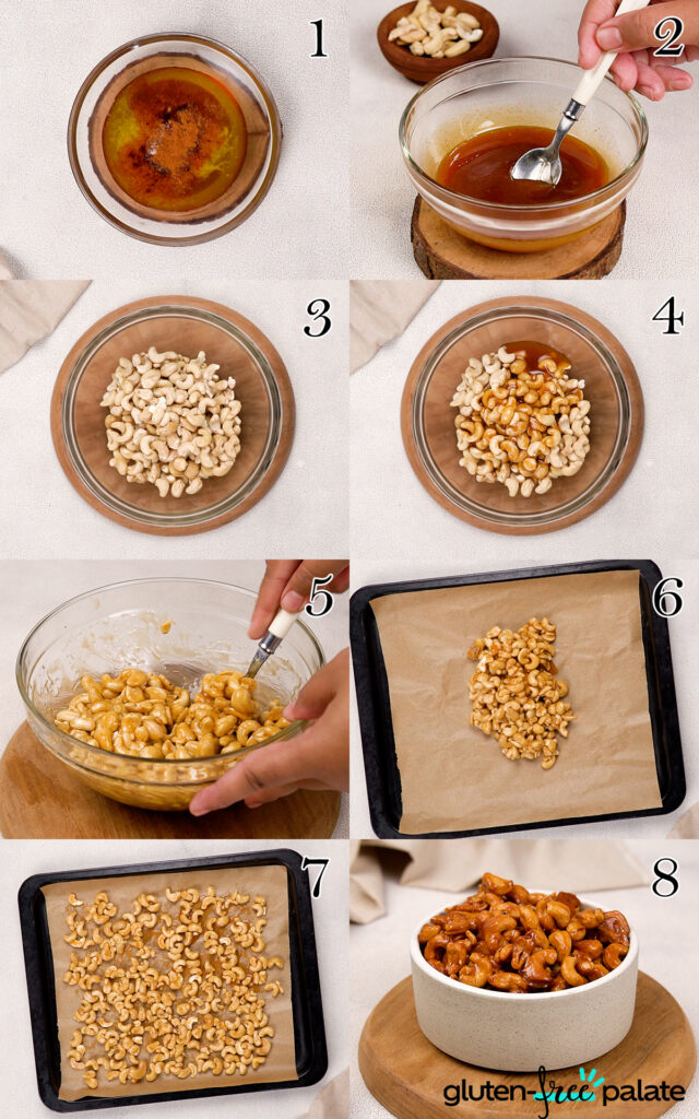 A step by step photo collage on how to make honey-roasted cashews.