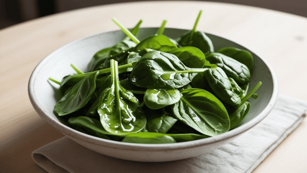 A fresh spinach salad with gluten free dressing.