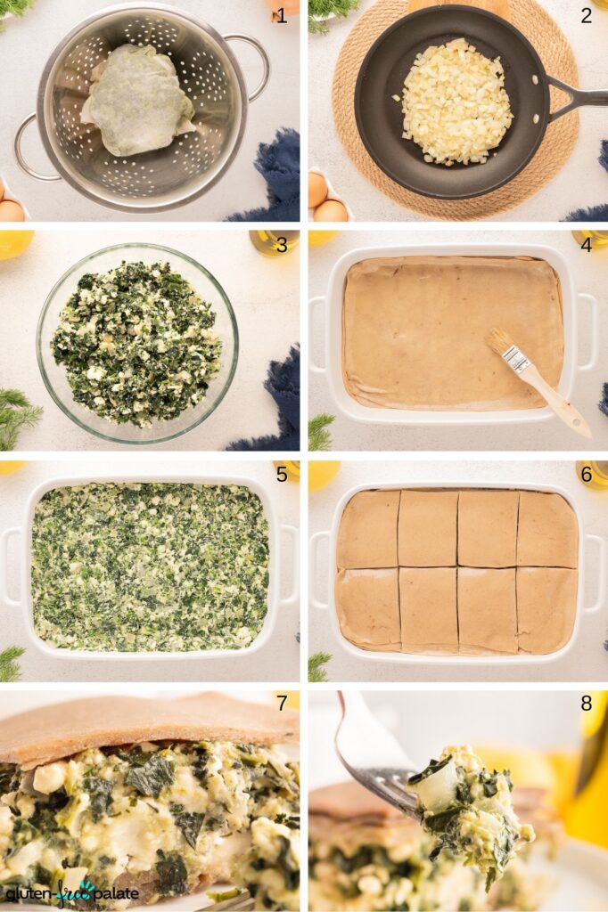 Step by step collage on how to make Gluten-Free Spanakopita.