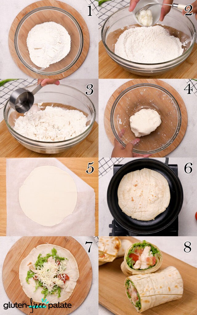 Step by step collage on how to make gluten-free wraps.