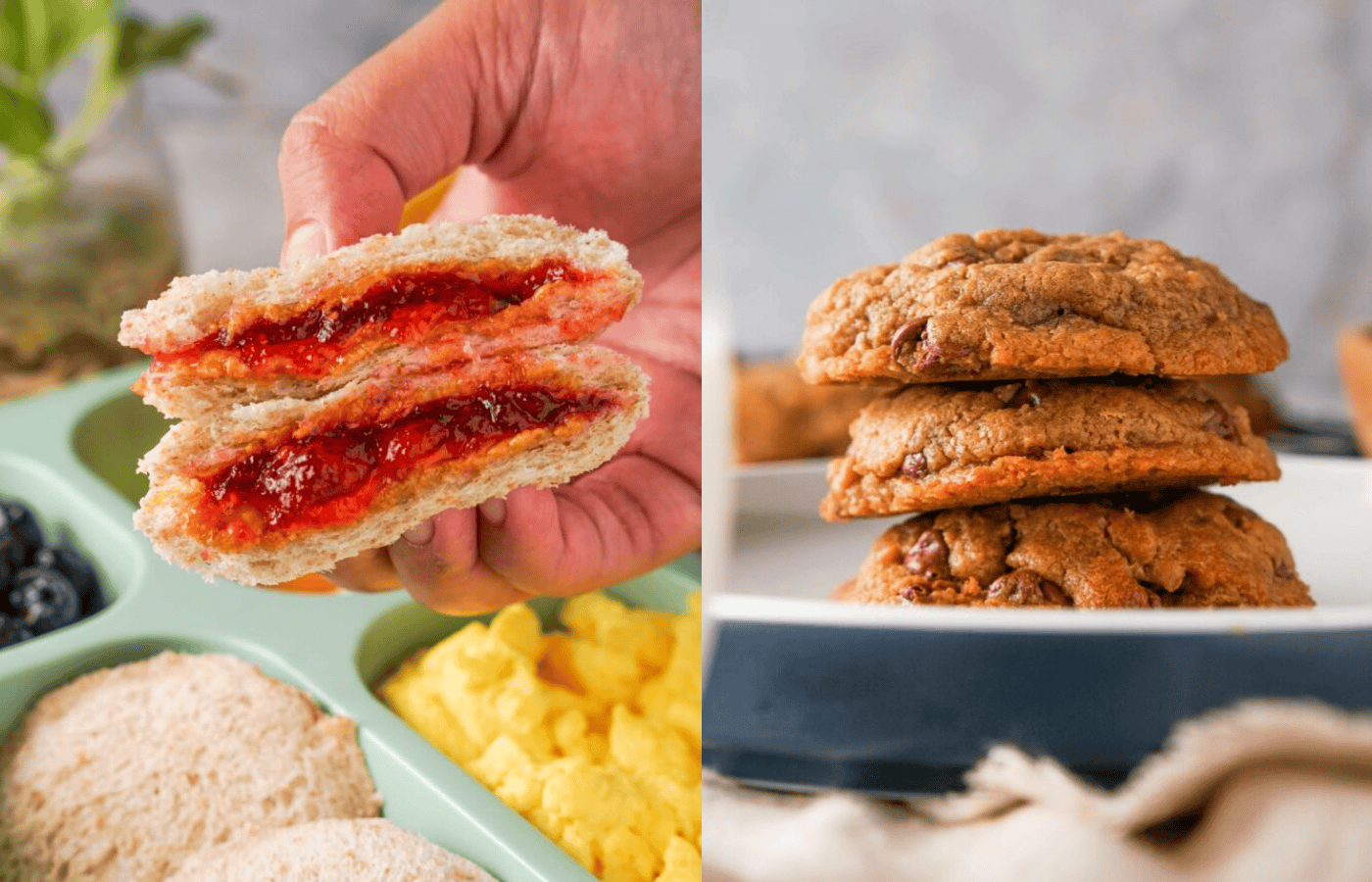 An uncrustable with peanut butter shown next to peanut butter cookies.
