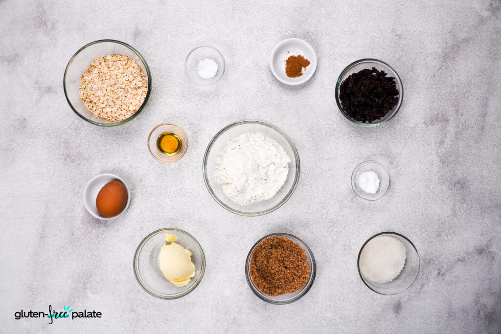 Gluten free oatmeal raisin cookie recipe ingredients.