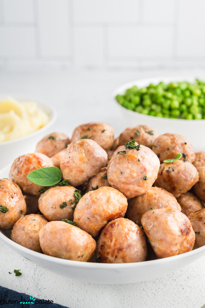 Side view of a bowl of Gluten-Free Turkey Meatballs.