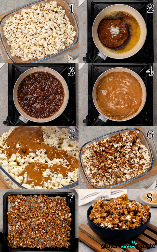 The eight steps to making gluten-free caramel corn.