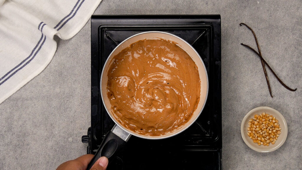Caramel sauce in the pan has turned smooth and glossy.