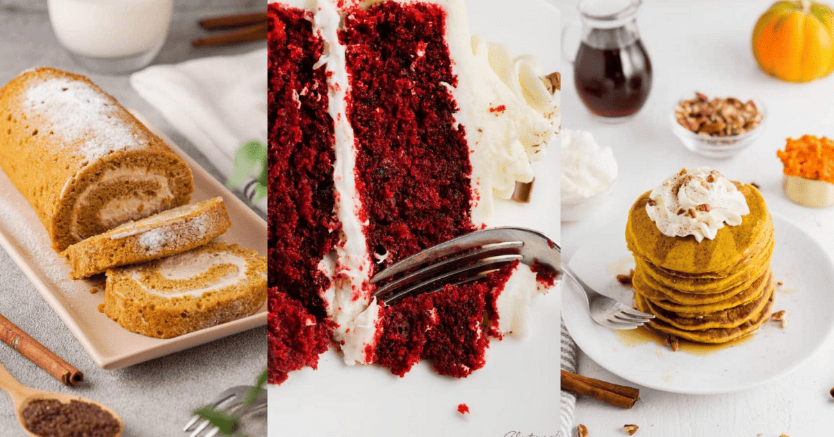 Pumpkin roll, red velvet cake, and pumpkin pancakes are all popular Halloween recipes.