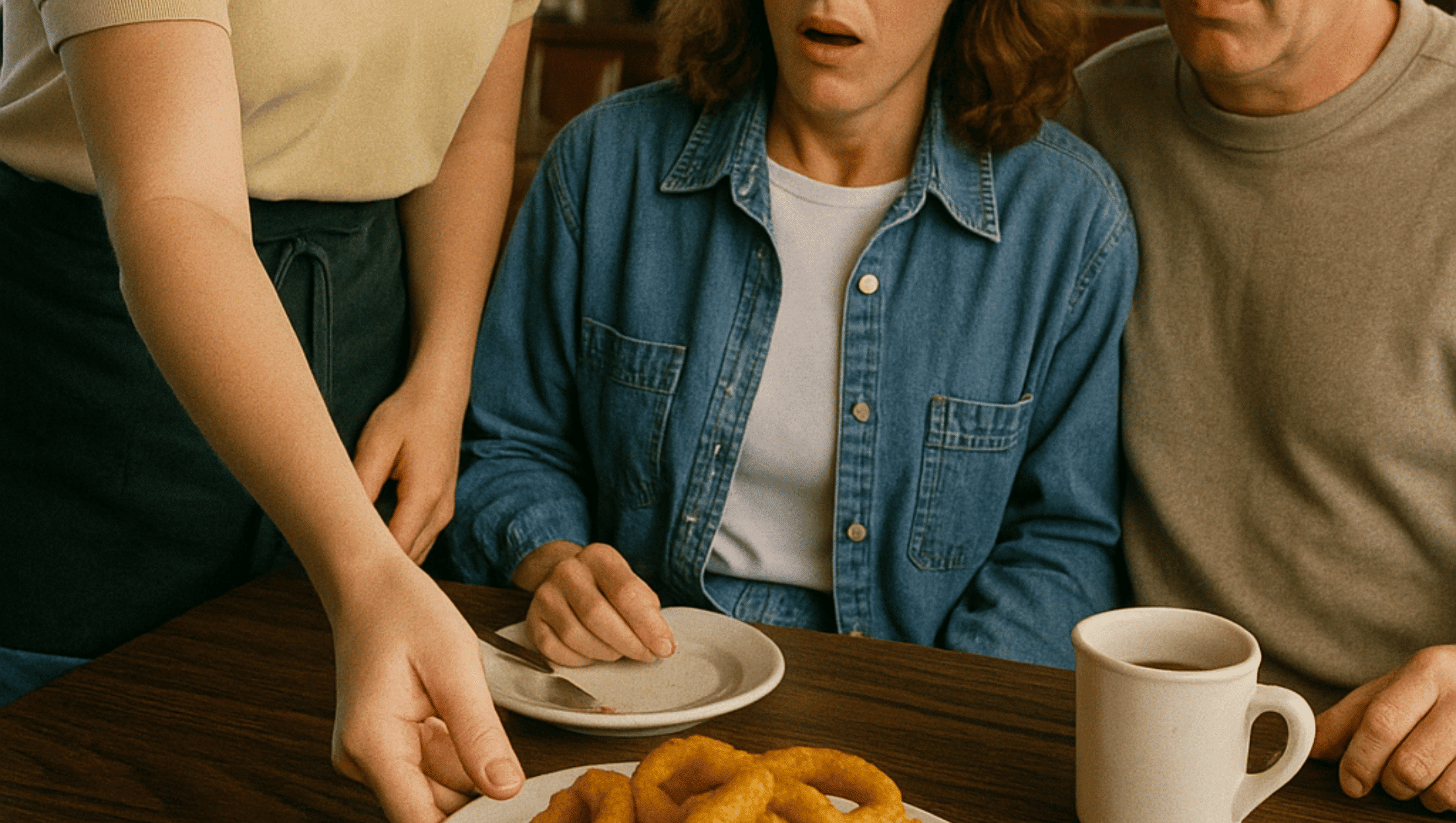A server giving onion rings to two diners.