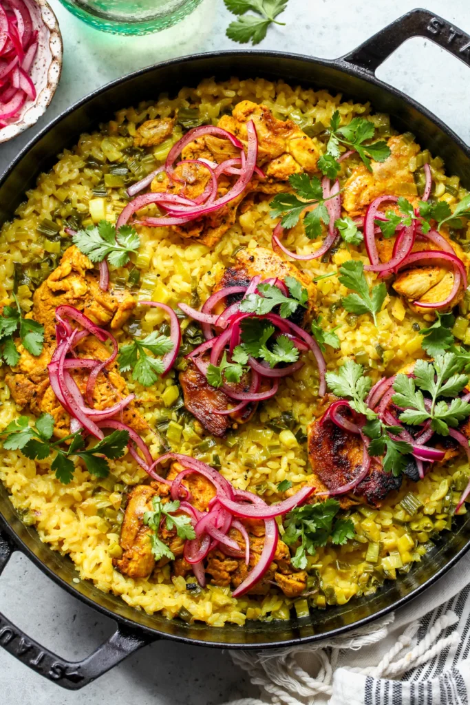 Turmeric chicken rice in one pot. Photo by dishingouthealth.com.