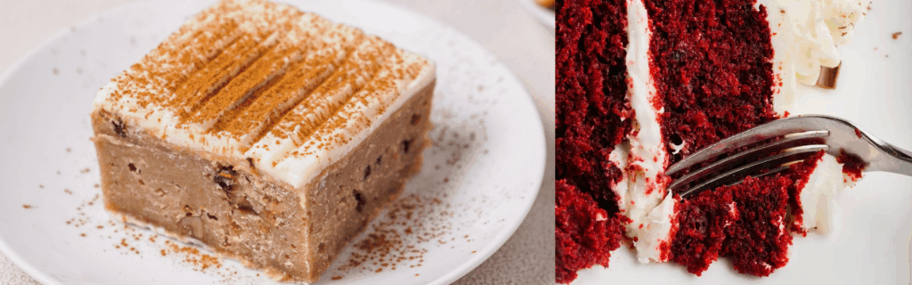 Side by side photos of applesauce cake and gluten-free red velvet cake.