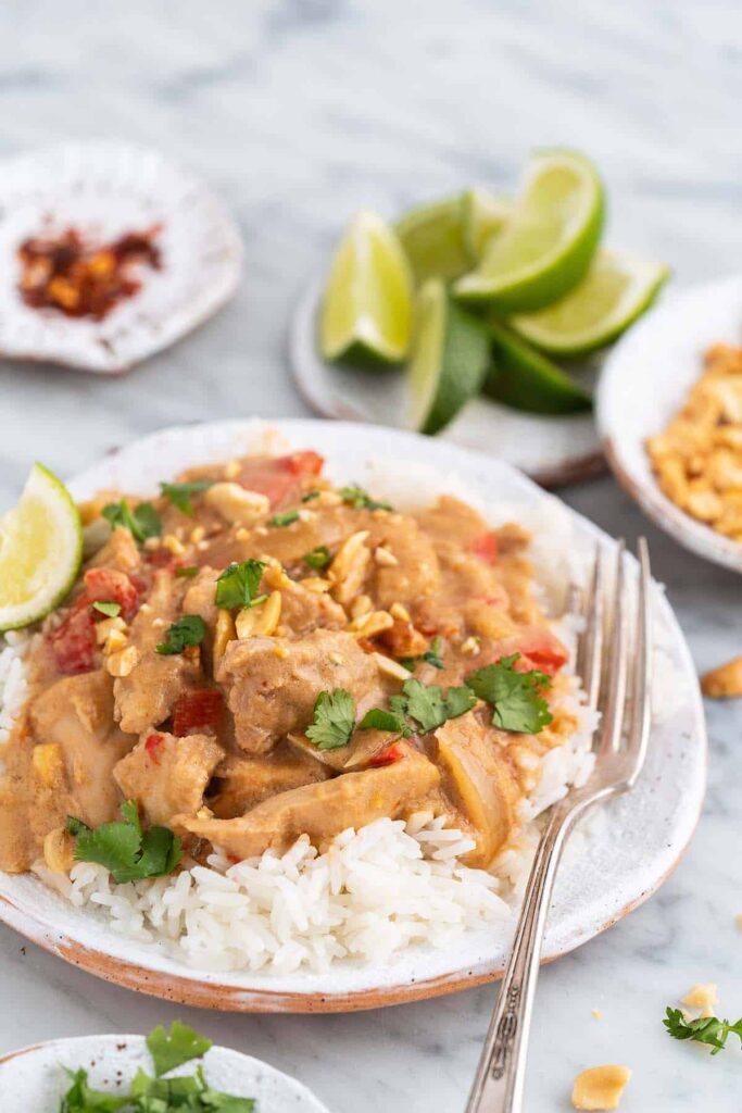 close up front view of plate of thai peanut butter-chicken.