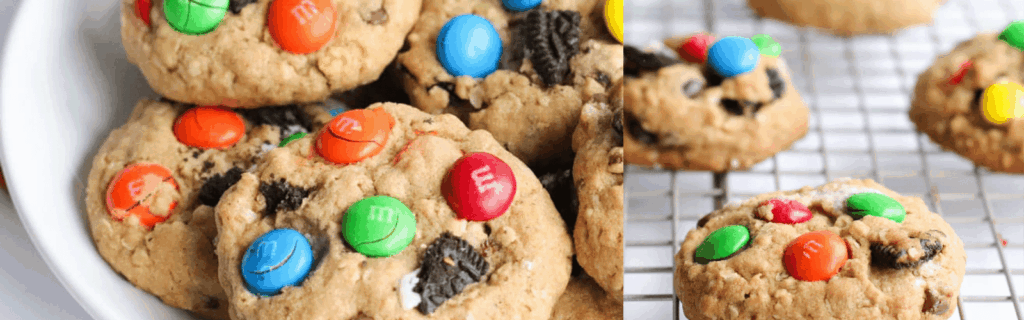 Side-by-side photos of gluten-free monster cookies for Halloween.
