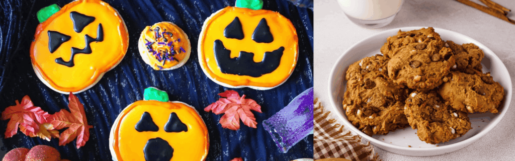 Photos of gluten-free Halloween sugar cookies and gf pumpkin chocolate chip cookies.