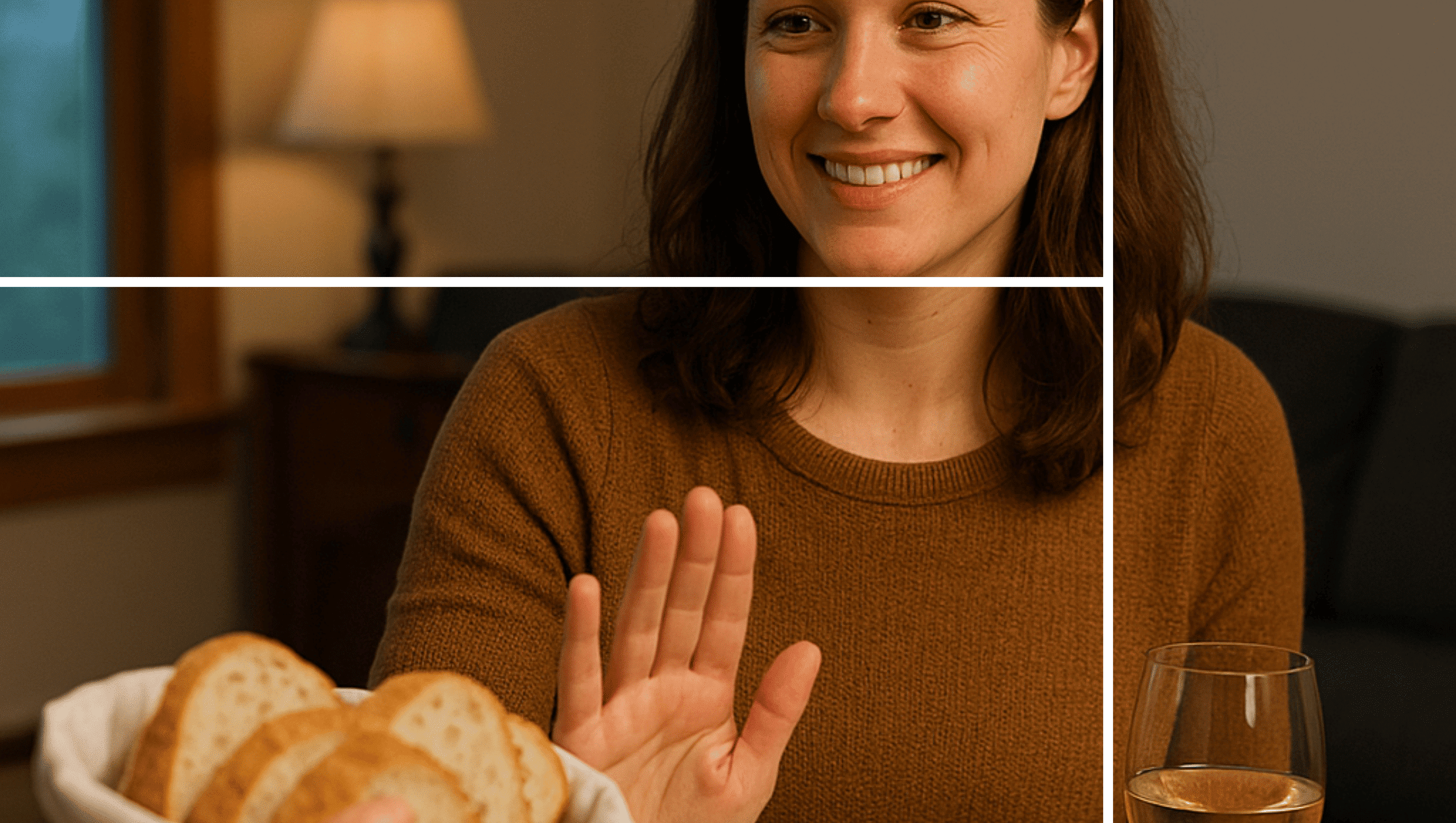 A woman politely refuses a basket of bread.