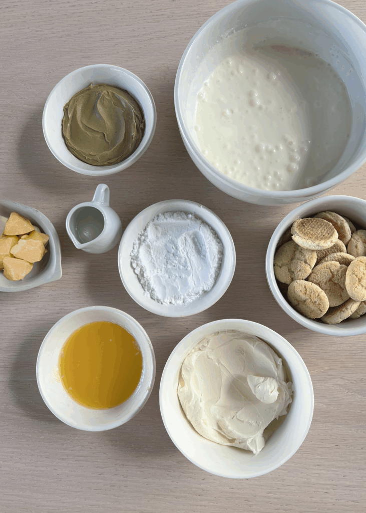 Ingredients for pistachio cheesecake bites.
