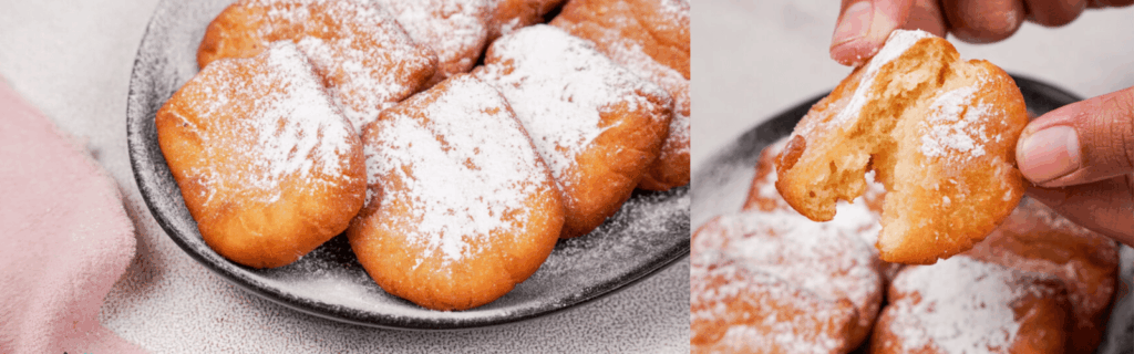 Side by side images of gluten free beignets, with a close up of the inside.